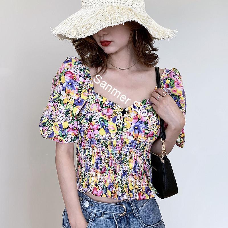 

2021 New Primavera Vero Feminino Floral Manga Curta Blusa Cintura Gola Quadrada Fresco Doce Senhora Impresso Camisas Curtas Com Botes Mk4y, Black