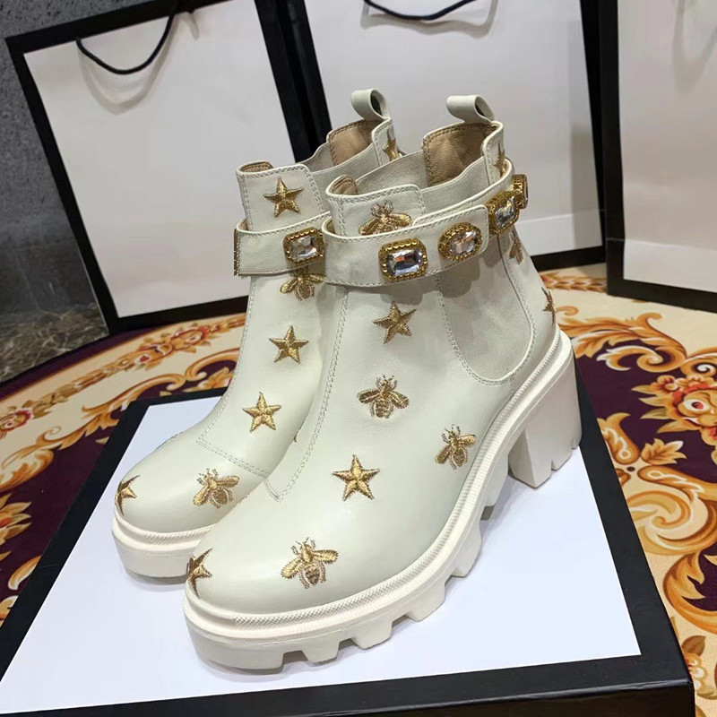 

Women Embroidered Leather Lace Ankle Boots with Web Designer Shoes Real Leather with Diamonds Decorative Luxury Boots 35-40, 01