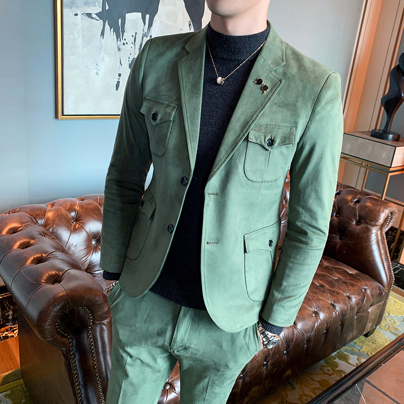 

2021 New Outono Masculino Lapela Camura Tecido 2 Peas Fino Ajuste Vestido Negcios Verde Marrom Ternos De Casamento Para Abns, Black jacket pant