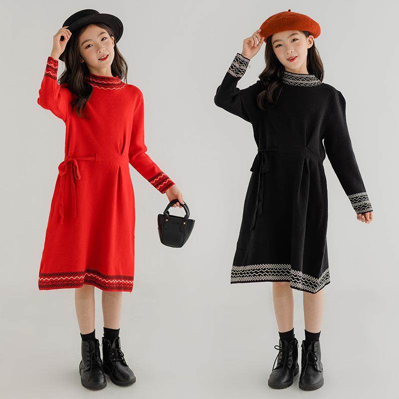

Girl's Dresses Good Quality Spring 2022 Teen Girls Knitting Dress Autumn Winter Sweater Children Casual Clothing Baby Kids Red Black, Red;yellow