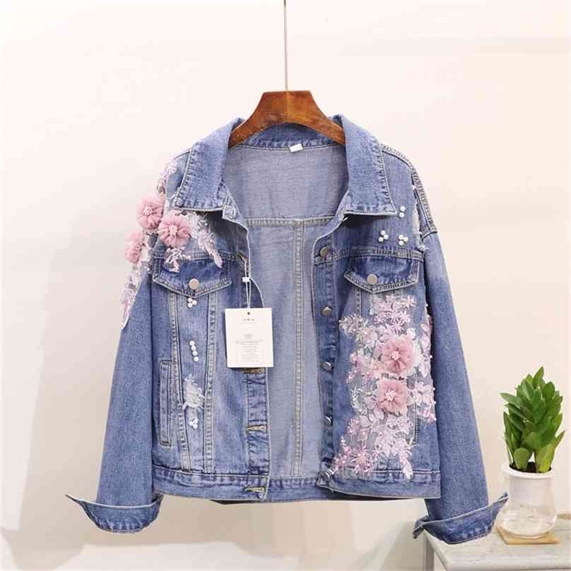 

Floral Pearls Embroidery Denim Jacket for Woman casual Designer Long Sleeve Blue Vintage Causal Short Coat Female 210603