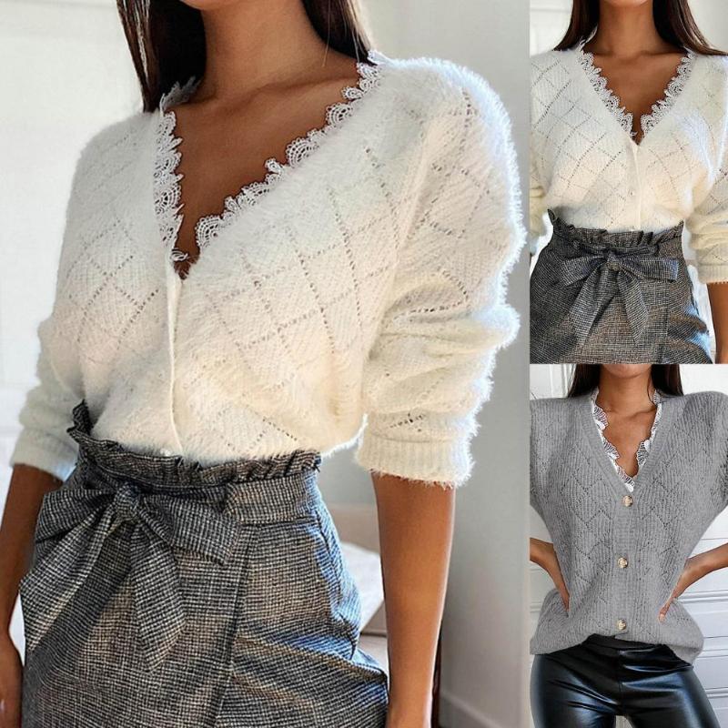 

Women's Sweaters Fashion Women Lady Sweater Solid Color Lace V Neck Single-breasted Hollow Out Spring Streetwear Pullovers Clothes, White;black