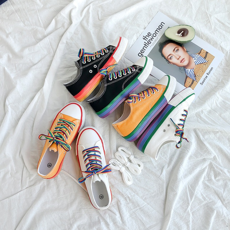 

Rainbow shoe summer breathable trend student Korean version of Hyuna style canvas shoes women's flat single, Black