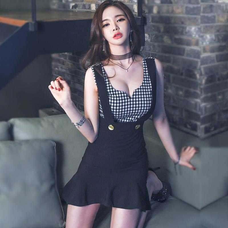 

Korean style summer nightclub women's low-cut slim bag hip sexy bottoming dress children V-Neck Plaid 210603, Black