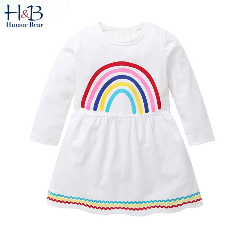 

Girls White Princess Dress Cartoon Rainbow Clothing Autumn Long Sleeve Casual Toddler Cotton Kid es 210611, Bz345 white