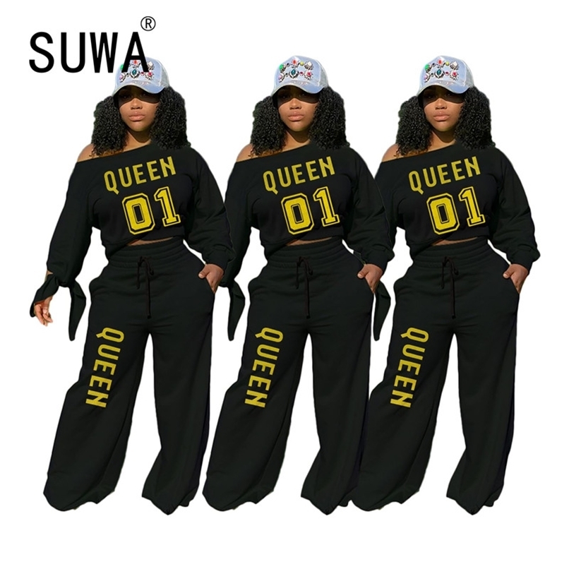 

QUEEN Letter Printed Tracksuit Women 2 Piece Sets Long Sleeve Sweatshirt Top And Wide Leg Pants Casual Outfits Wholesale 210525, Black