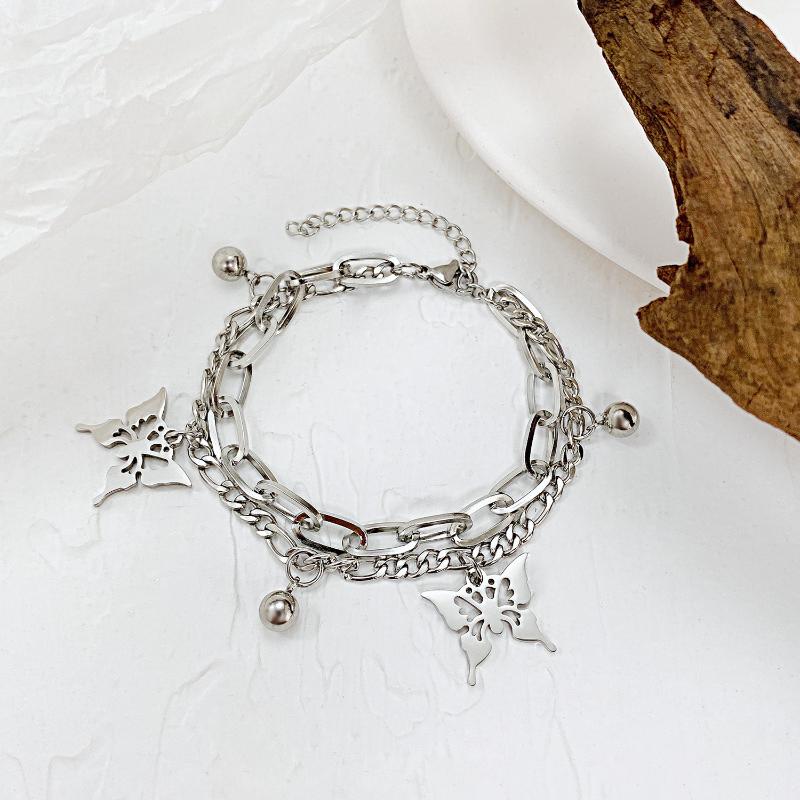 

Charm Bracelets 230mm Korean Fashion Ins Double Layer Stainless Steel Color Bracelet For Women Personality Niche Design Sense Butterfly Jewe, Golden;silver