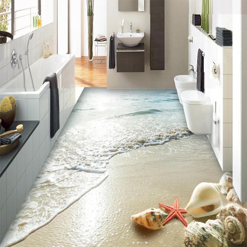 

Wallpapers PVC Self Adhesive Waterproof 3D Wallpaper Modern Beach Wave Shells Floor Tiles Mural Sticker Bathroom Bedroom Papel De Parede, As pic