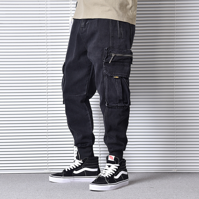 

2021 New Japanese Style Fashion Loose Fit Big Pocket Cargo Pants Vintage Designer Sstreetwear Hip Hop Jeans Men Harem Trousers O1p5, Black