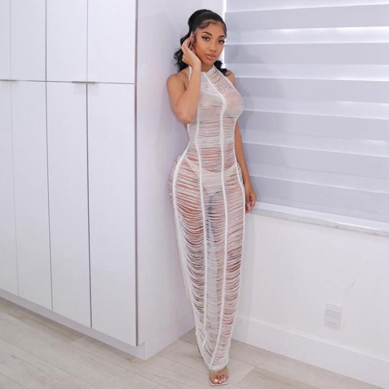 

Casual Dresses Women Long Knitted Backless Sheer Off Shoulder Sexy Birthday Party Beachwear Outfits Night Club, Black