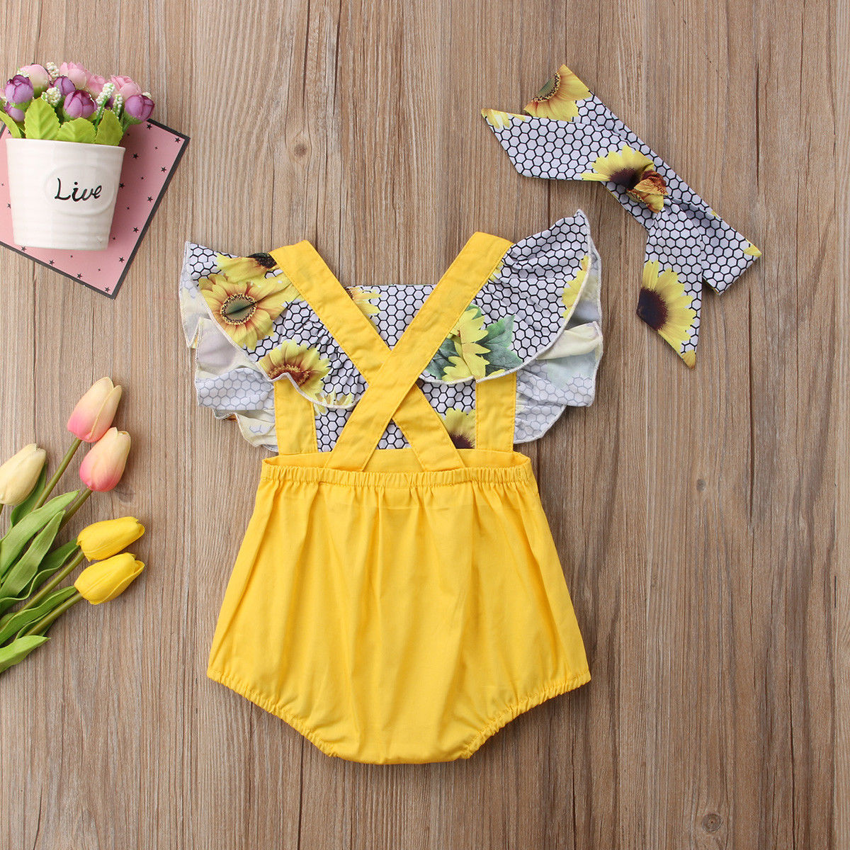 

New Baby Girls Ruffles Sunflower Romper Infant Fake two pieces Jumpsuit Outfit  Sunsuit Clothes baby clothing, Default color