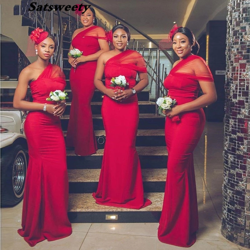 

Elegant African Mermaid Bridesmaid Dresses 2021 One Shoulder Red Long Wedding Party Dress Customize Vestido De Fiesta Boda