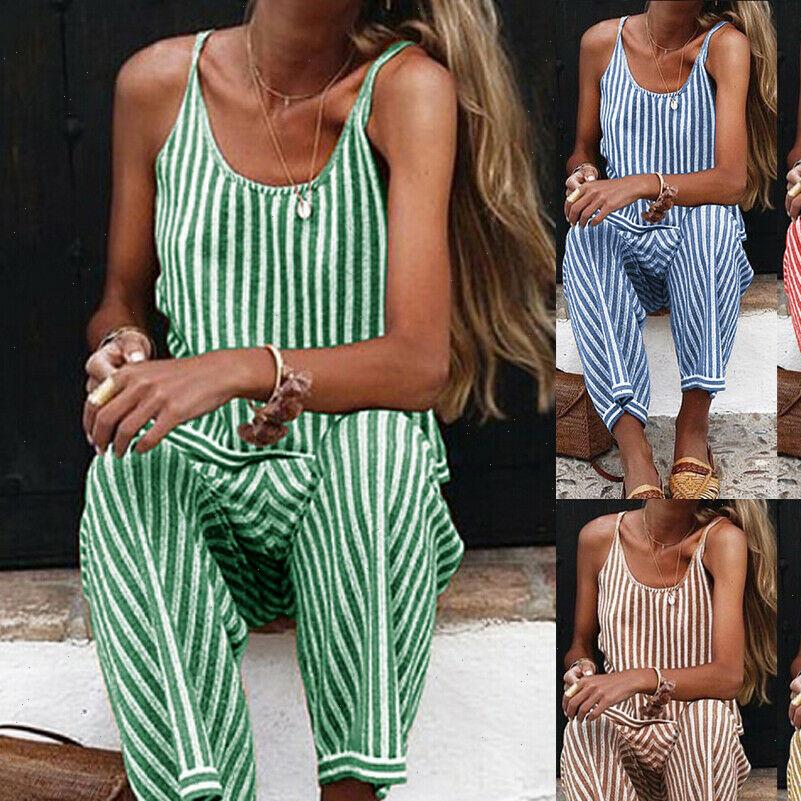 

New Women Ladies Fashion Casual Chic Summer Jumpsuit Striped Sleeveless Long Jumpsuit Party Clubwear Drop Shipping, Black;white