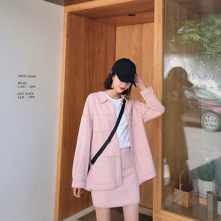 

2021 New autumn French retro suit denim jacket half-length skirt two-piece female 2 piece sets womens outfits S2ZB, Pink
