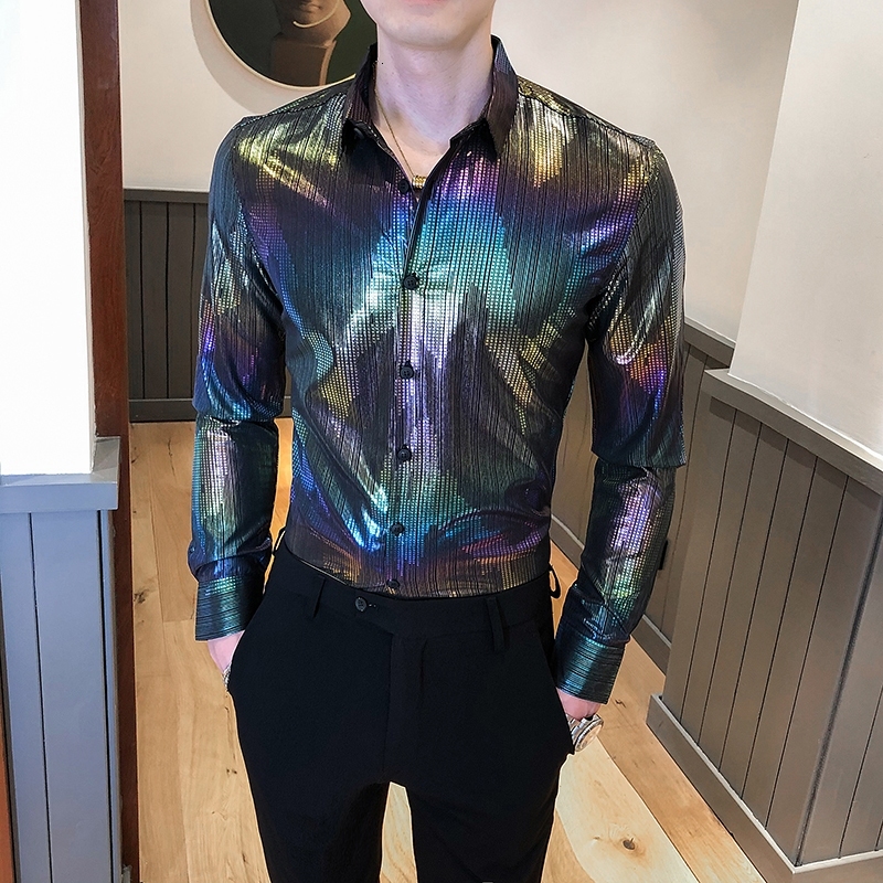 

2021 New British Style Elegant Printing Fashion Men's Shirt Men in Long Sleeves Slim Fit Streetwear/night Club Casual Shirts/tuxedo Prom 3xl, As the photo show