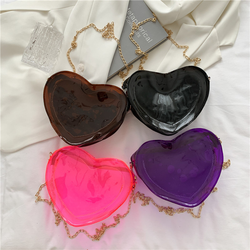 

baby girls princess handbags 2021 kids love heart one shoulder Bag Fashion children transparent Messenger Bags cute girl chain jelly wallet F478, Purple