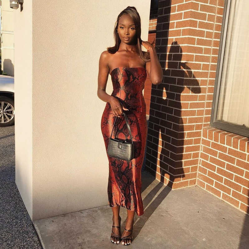 

Sexy Strapless Maxi Bodycon Dress Women Snake Printed Sleeveless Wrap Slit Summer Backless Fashion Club Party es 210526, Green