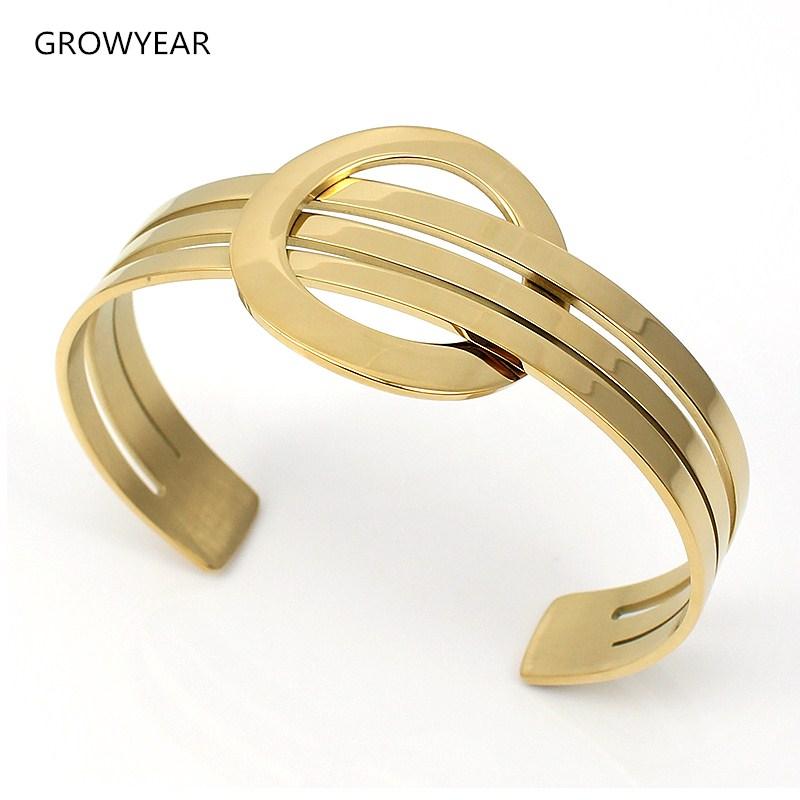 

Bangle GROWYEAR 316L Stainless Steel Simple Strips Crossing Big Circle Bracelets Cuff Women Gold-Color Jewelry Fashion Design, Black