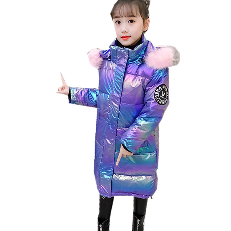 

2021 New Long-style Baby Girl Bright Winter Coat Outerwear with Korean Hoodies Teenage Children Wear Dwindproof Wind Water Clothes Ma77, Blue;gray