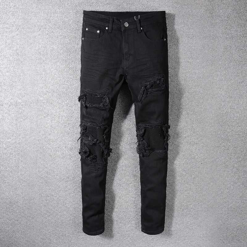 

2021 New Fashion Streetwear Black Color Patchwork Destroyed Denim Pencil Pants Ripped for Men Hip Hop Ny Jeans Hombre Oqcp