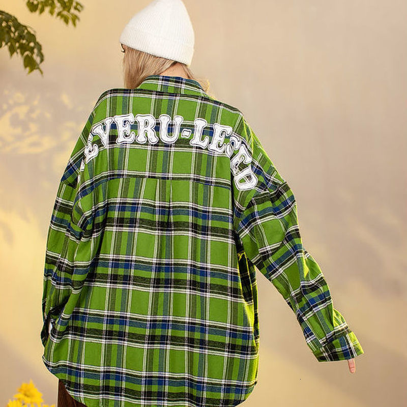 

2021 Green Plaid Letter Print Harajuku Oversized Teen Girls Shirts Women Blouse Cotton Button Up Long Sleeve Tops New Spring Korean Hev1