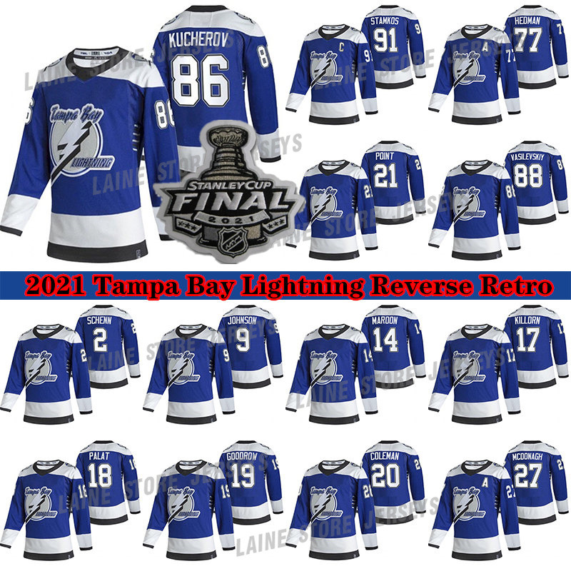

Tampa Bay Lightning Jersey 2020-21 Reverse Retro 91 Steven Stamkos 86 Nikita Kucherov 77 Victor Hedman 21 Brayden Point 37 Yanni Gourde Hockey Jerseys, Blue