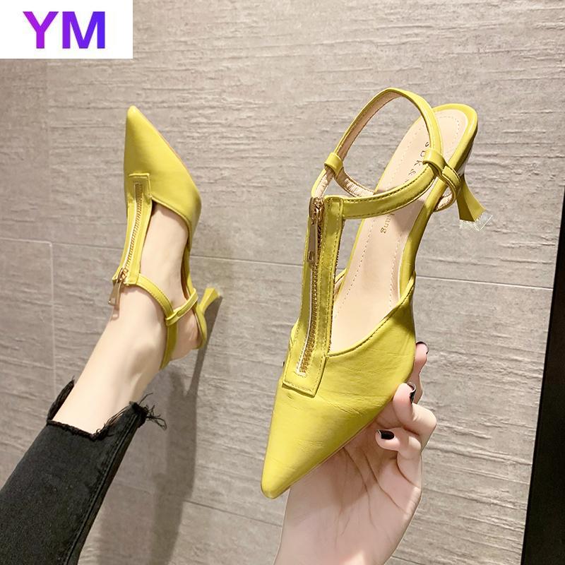 

Dress Shoes Sexy 2021 Women Sandals Summer Ladies Casual Pointed Toe Fashion Zipper Thin Heels Slingback Zapatillas Mujer Casa, Black