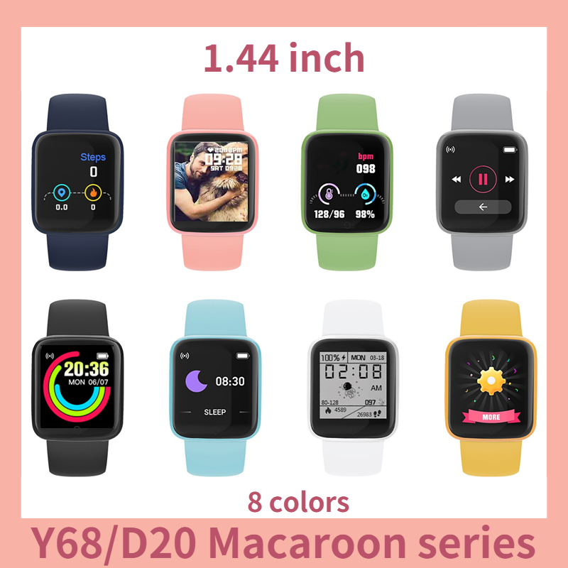 

20PCS Updated D20/y68 Smartwatch Macaron Colors Sport Smart Watch Put Photo Sleep Fitness Tracker Message Reminder 1.44 inch, Black-acrylic box