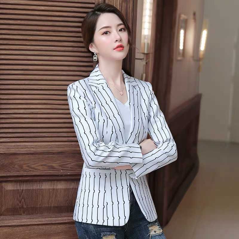 

autumn striped small suit jacket female Korean version of the temperament wild incense style Slim casual 210603, White