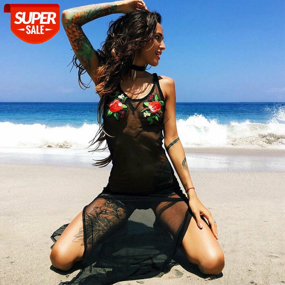

2019 Newest Women Mesh Transparent Beachwear Cover Up Floral Sleeveless Beach Dress Summer Bathing Suit Hot Cover-Ups #Ik6K, White;black