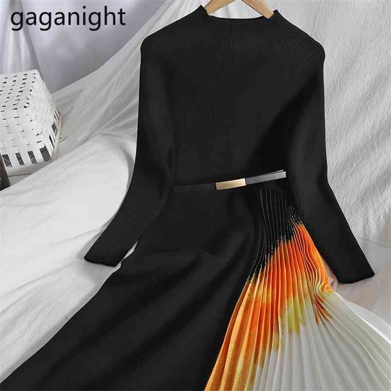 

Spring Elegant Patchwork Pleated Dresses Long Sleeve Slim Knitted Sweaters With Belt Office Ladies 210601, Purple