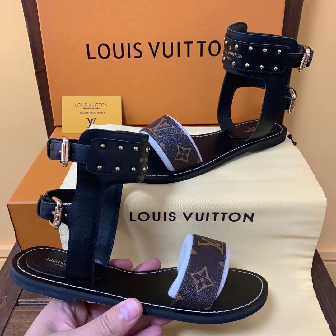 

TOP Louis Vutton Classic Womens Summer Slippers Sandal Striking Gladiator Leather Outsole Flat Chain Slipper Slides Canvas Plain Lv Sandals, Black
