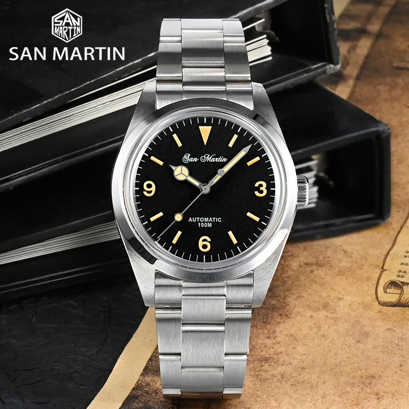 

Wristwatches 2021 San Martin Explorer Series Men Automatic Mechanical Watch Classic Retro Design NH35 Sapphire Diving Reloj Hombre, Black