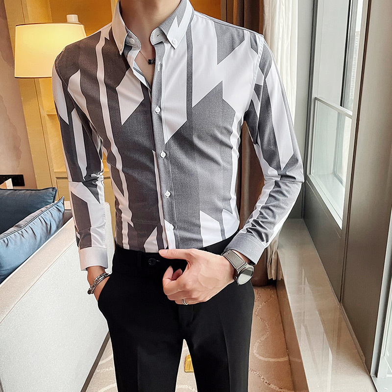 

2021 New Estilo Britnico De Luxo Imprimir Manga Longa Escritrio Trabalho Camisa Vestido Roupas Masculinas Simples Todos Os Jogos Magro Ajust, Khaki