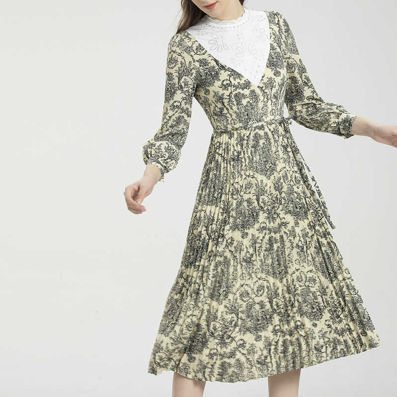 

est Spring Designer Fashion Women's Elegant Ruffles White Guipure Lace Patchwork Pleated Printed Dress 210526, Blue