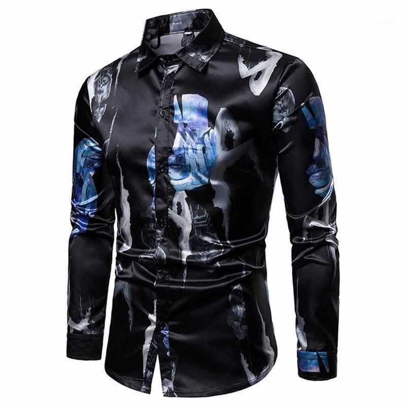 

Men' Casual Shirts Men Long Sleeve Print Lcasual Fashion Man Smart Formal Male Tops Clothes, Black
