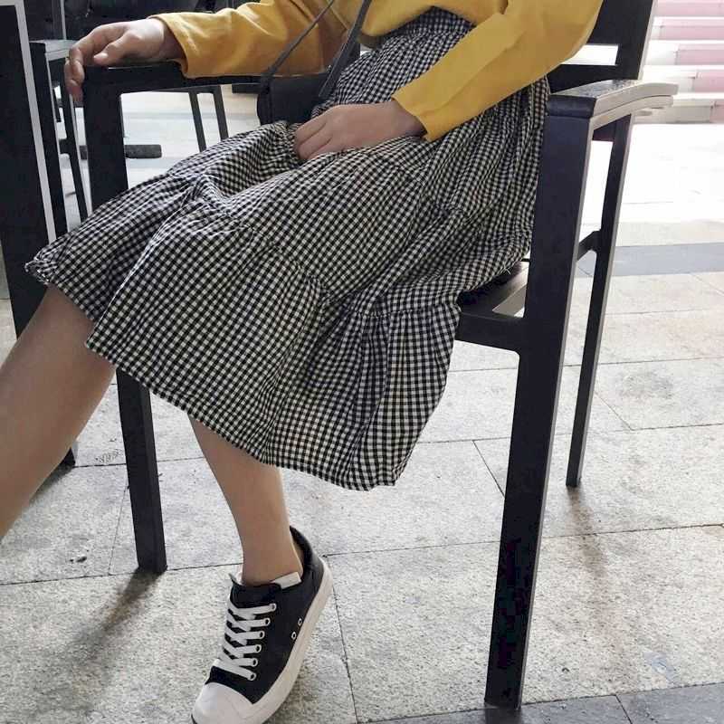 

Kawaii high waist skirt women student loose mid-length literary slim plaid stitching A-line preppy style girl's streetwear 210526, Black white