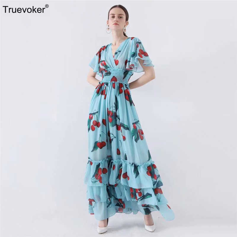 

Truevoker Summer Designer Party Maxi Long Dresse' Short Sleeve Blue Cherry Fruit Printed Ruffle Robe Femme Ete 210602