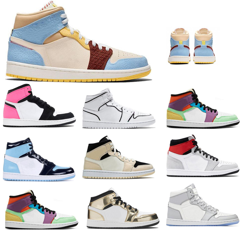 

Retro (boxed) men's high-top 1 basketball shoes women's pink white green multicolor stitching sneakers, 10