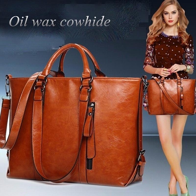 

Evening Bags Women Handbag Oil Wax Leather Shoulder Bag Solid Casual Tote Fashion Brand, Red