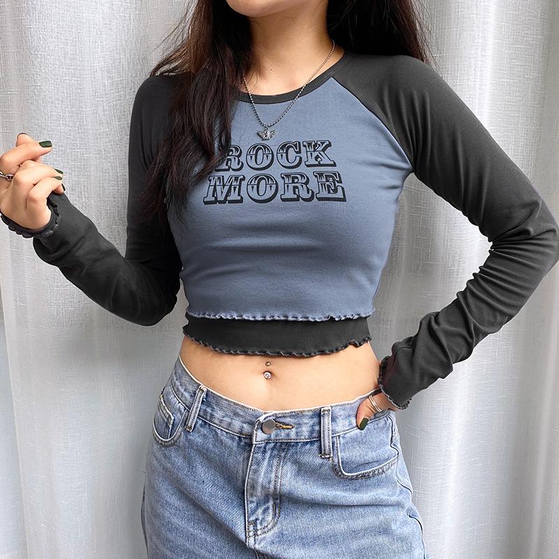 

Women' T-Shirt Long Sleeve Crop Top T Shirt Women Fake 2 Piece Y2k Aesthetic Rock More Letter Graphic Shirts Drop Cute Grunge, Blue