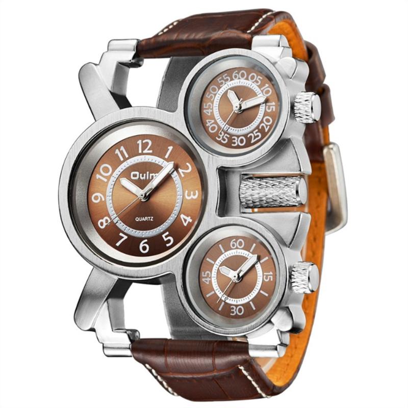 

Wristwatches Mens Watches Top Brand OULM Fashion Leather Band 3 Time Zone Casual Quartz Watch For Big Wrist Relogio Masculino Marca Original, Brown