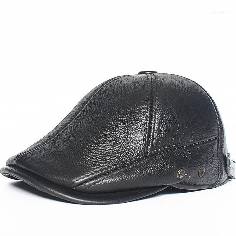 

Berets Leather Hats Casual Autumn Winter Men's Caps Head Layer Cowhide Thickened Warm Middle-aged And Elderly B1841, Black