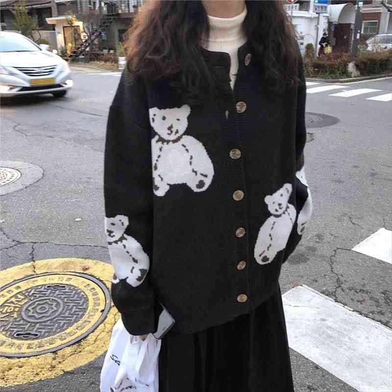 

japanese ulzzang cute bear cartoon women sweater knit cardigan long-sleeved kawaii harajuku casual korea sweet ins, White;black