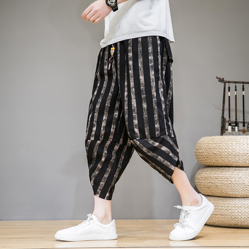 

2021 New Cotton with Calf Length Trousers Striped Slacks Streetwear Harem Male Pants 5xl Hip Hop Spring Fzl1, Green