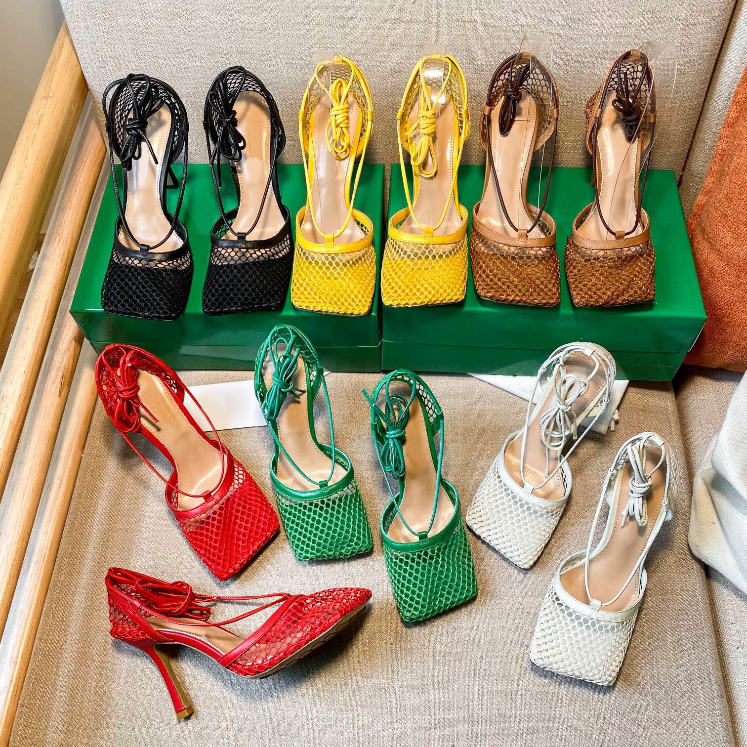 

Women high heel dress shoes fashion ladies mesh square toe Stilettos heels sandals designer woman wedding office party Pumps shoe with box