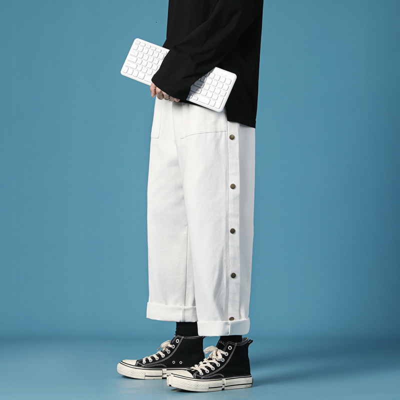 

2021 New Spring Cotton Wide-leg Men's Fashion Button Casual Men Streetwear Korean Loose Hip-hop Straight Pants Mens Trousers Zx5z, Black