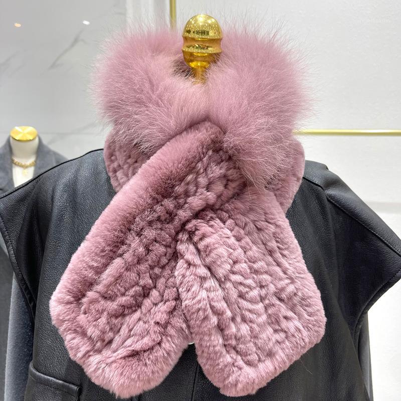 

Scarves 2021 Women Real Rex Fur Wraps Knitted Patchwork Scarf Luxury Lady Neck Warmer Fashion Winter Warm