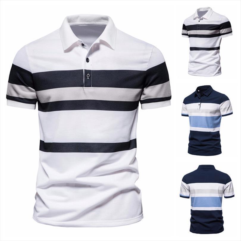 

summer stripe men polo contrast color print lapel slim business casual mens shirts with short sleeve, White;black