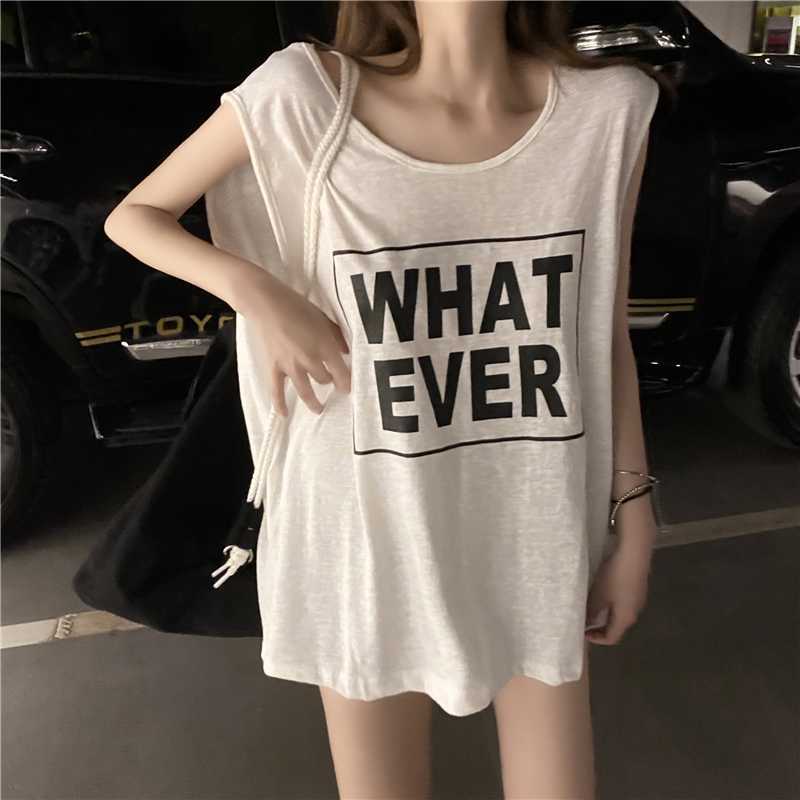 

Boyfriend oversize round neck letter printed t-shirt street fashion loose thin sleeveless top summer vest women 210604, Red